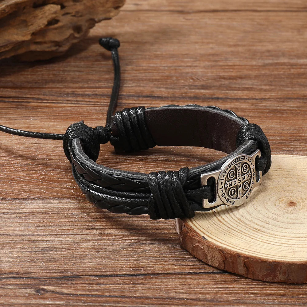 Men's Vintage Braided Leather Bracelet | Cross & Scripture | Punk Retro Lace-Up