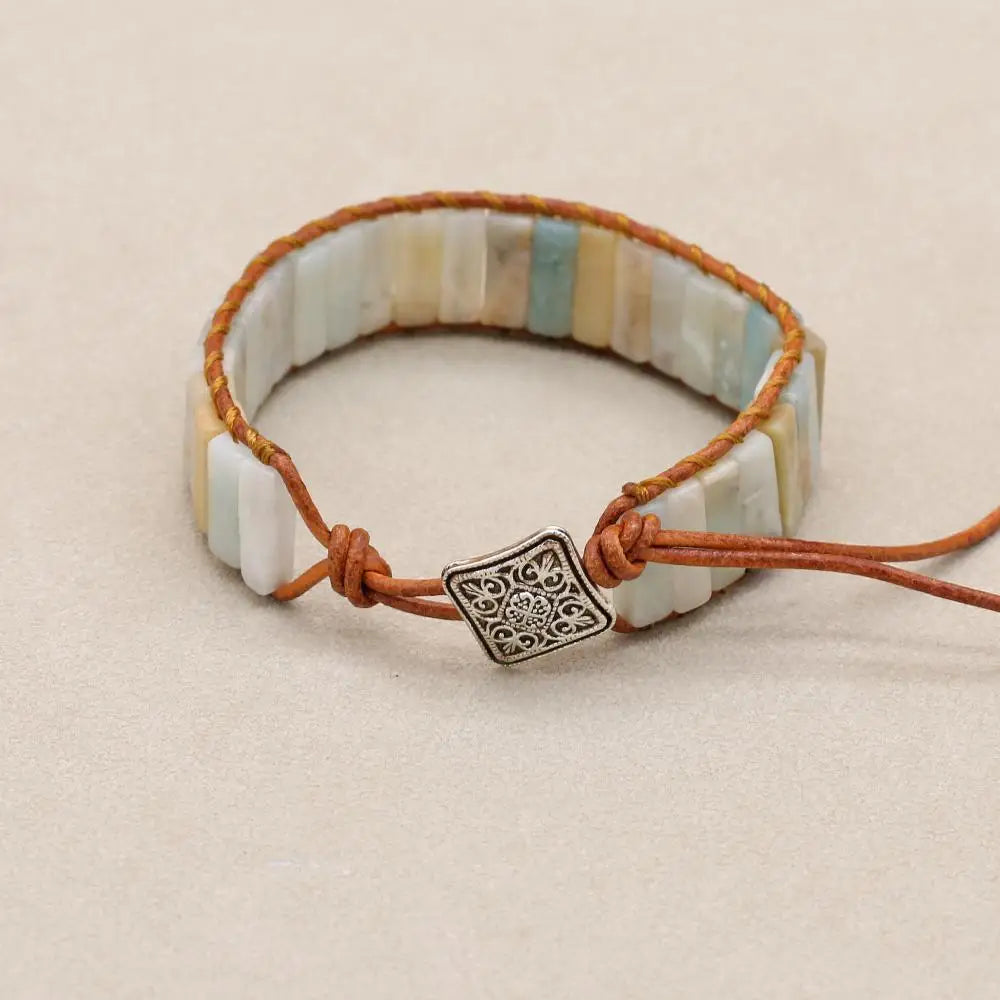 Handmade Boho Leather Wrap Bracelet with Natural Picasso Stone