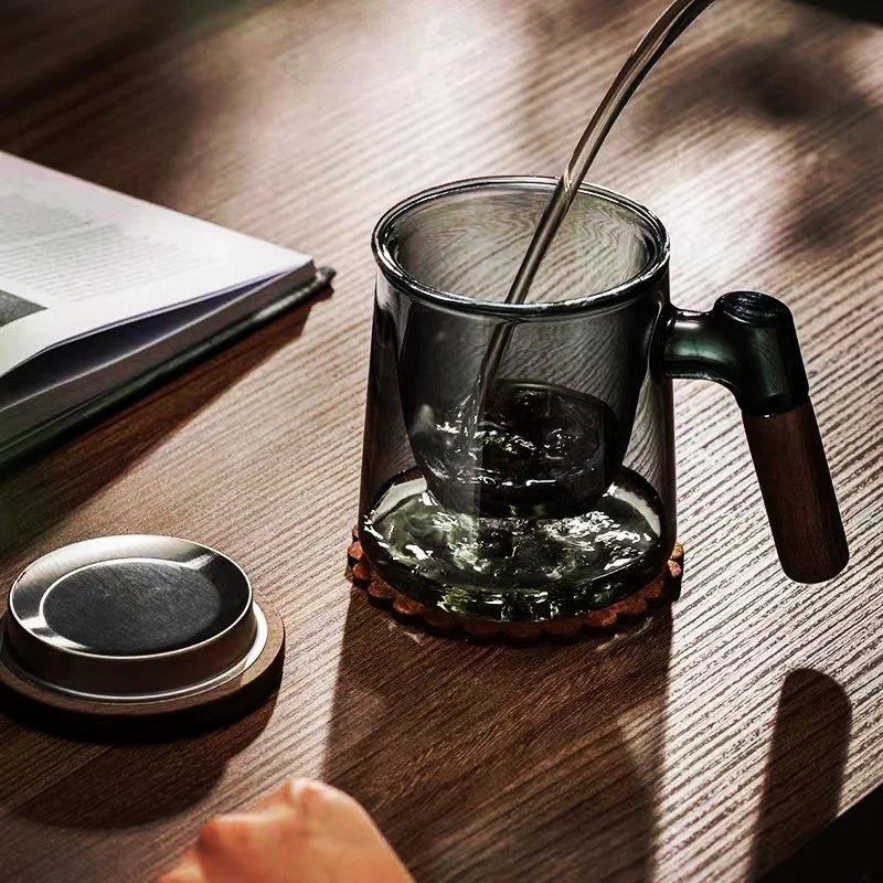 Glass Tea Cup with Walnut Wooden Handle, Lid & Filter — 400ml
