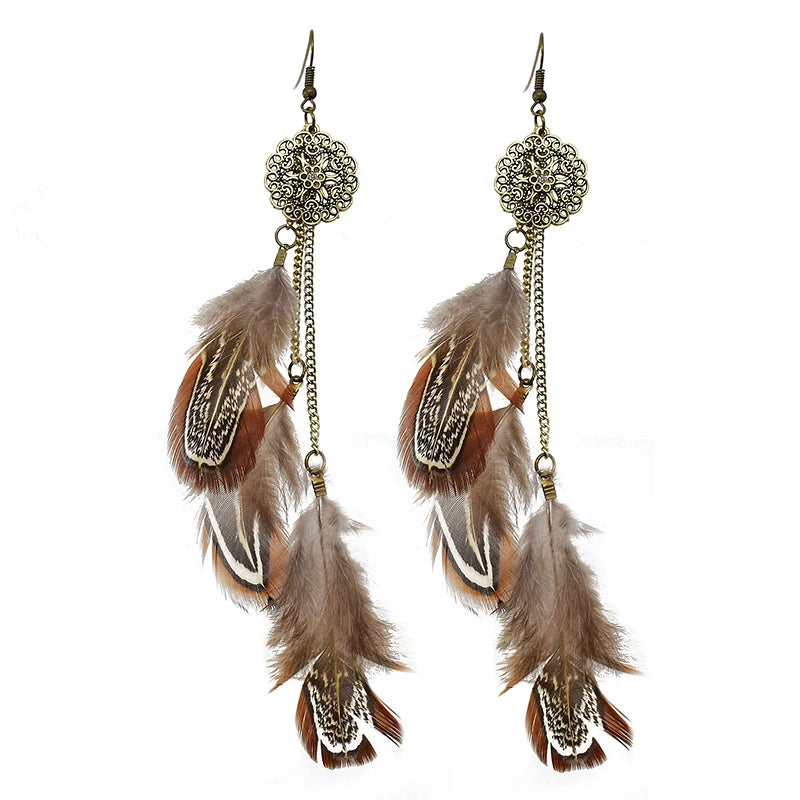 Tinkers Bohemian Feather Earrings For Women Vintage Ethnic Chain -