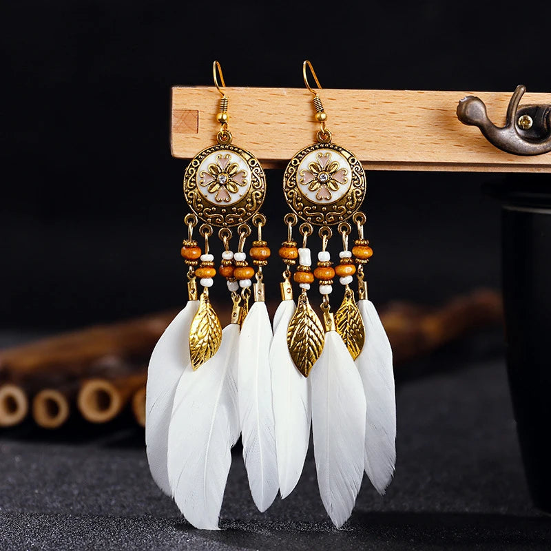 Tinkers Bohemian Feather Tassel Earrings For Women Long Carved Leaf - Apparel & Accessories > Jewelry > Earrings