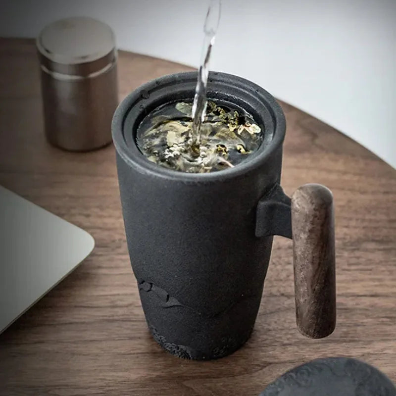 Retro Ceramic Tea Mug — Large 300ml with Lid & Wooden Handle