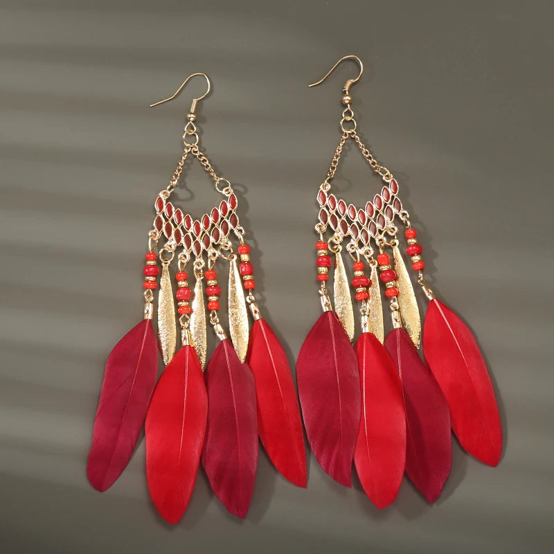 Tinkers Boho Long Feather Dangle Earrings For Women Beach Beads -