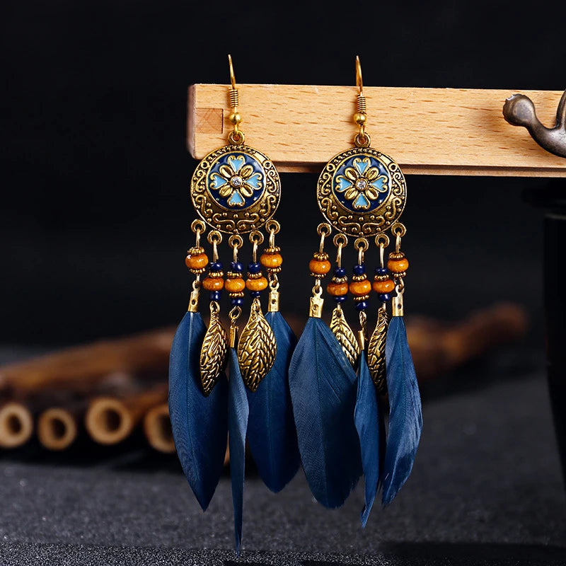 Tinkers Bohemian Feather Tassel Earrings For Women Long Carved Leaf - Apparel & Accessories > Jewelry > Earrings