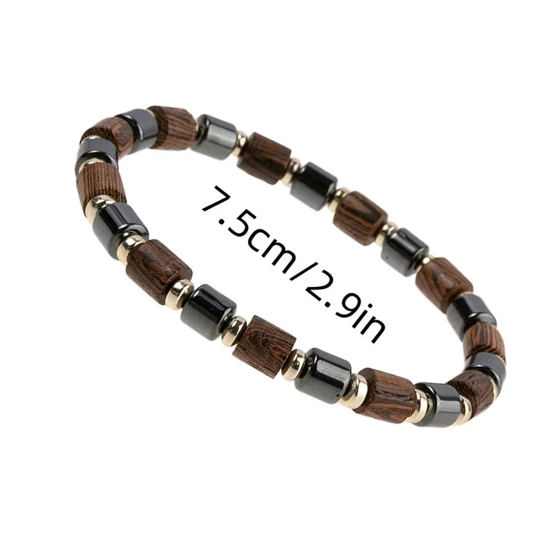 Women's Black Hematite & Wood Bead Bracelet | Handmade Elastic Stretch | Health Jewelry