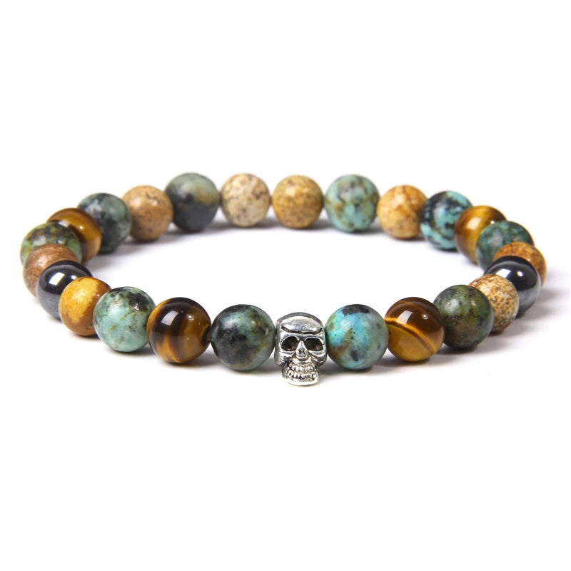 Tinkers Skull Beaded Bracelet Natural Stone Tiger Eye Malachite - Apparel & Accessories > Jewelry > Bracelets