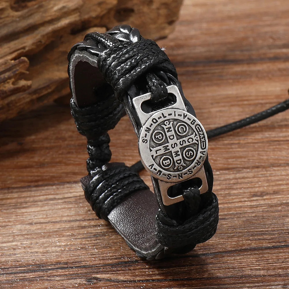 Men's Vintage Braided Leather Bracelet | Cross & Scripture | Punk Retro Lace-Up