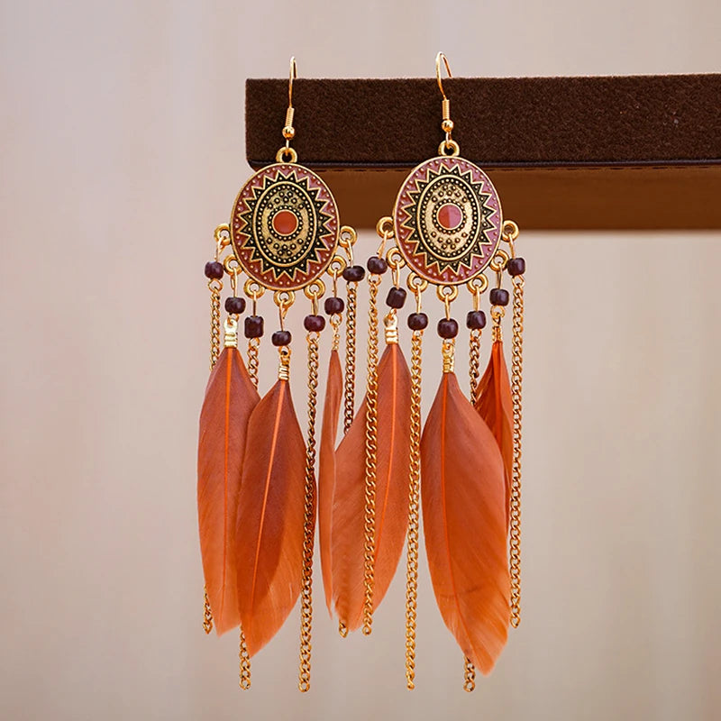 Tinkers Bohemian Brown Feather Earrings For Women Handmade Jewelry -
