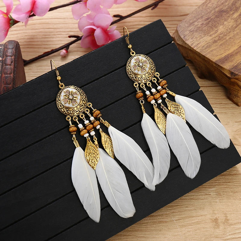Tinkers Bohemian Feather Tassel Earrings For Women Long Carved Leaf - Apparel & Accessories > Jewelry > Earrings