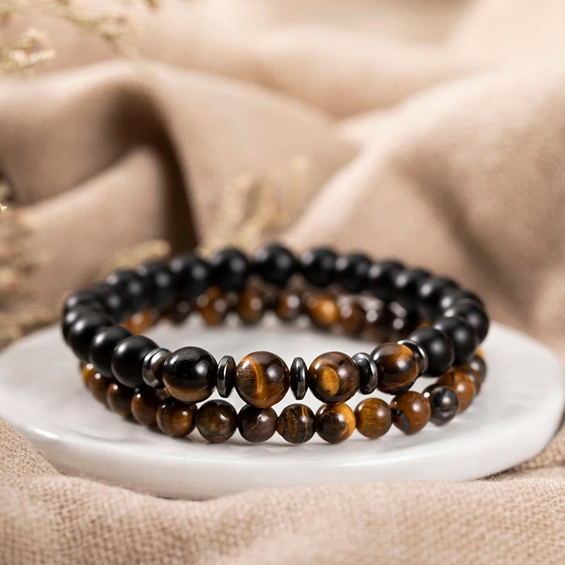 Men's Natural Stone Bracelet Set (2 Pcs) – Lava, Tiger Eye & Howlite