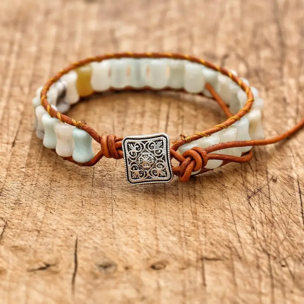 Handmade Boho Leather Wrap Bracelet with Natural Picasso Stone