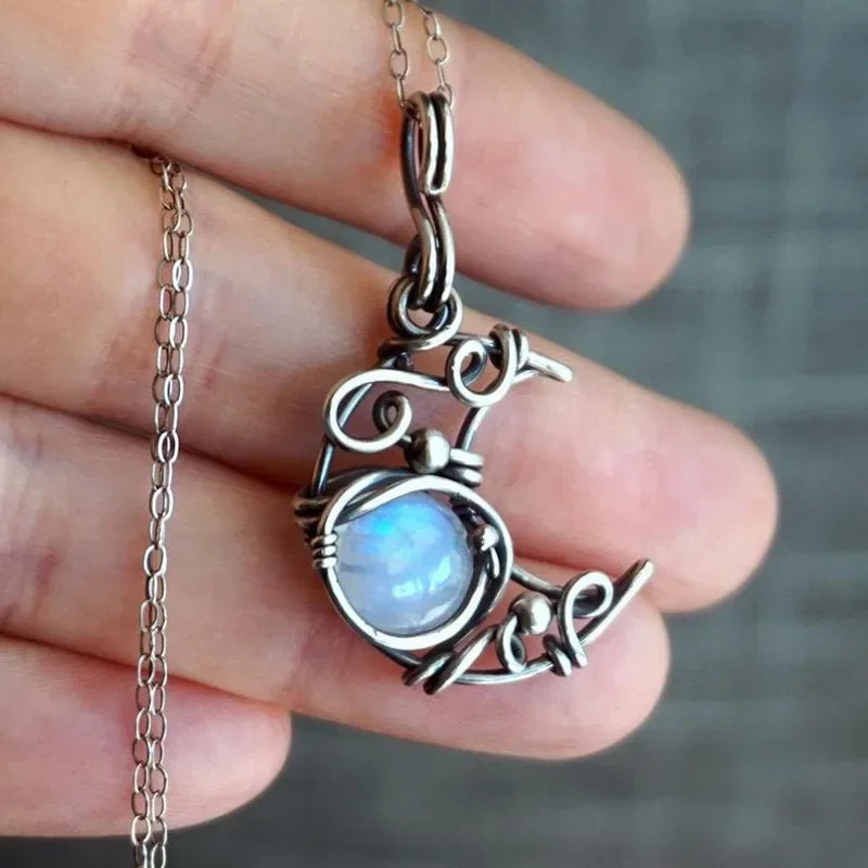 Moonstone Crescent Necklace Vintage Boho Jewelry For Women