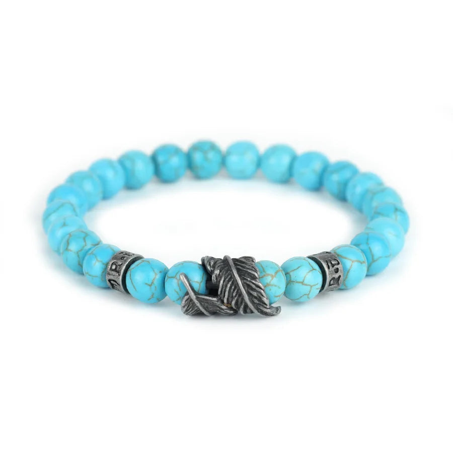 Men's Natural Stone Bracelet | Feather & Sanskrit Mantra | Lava, Onyx & Turquoise