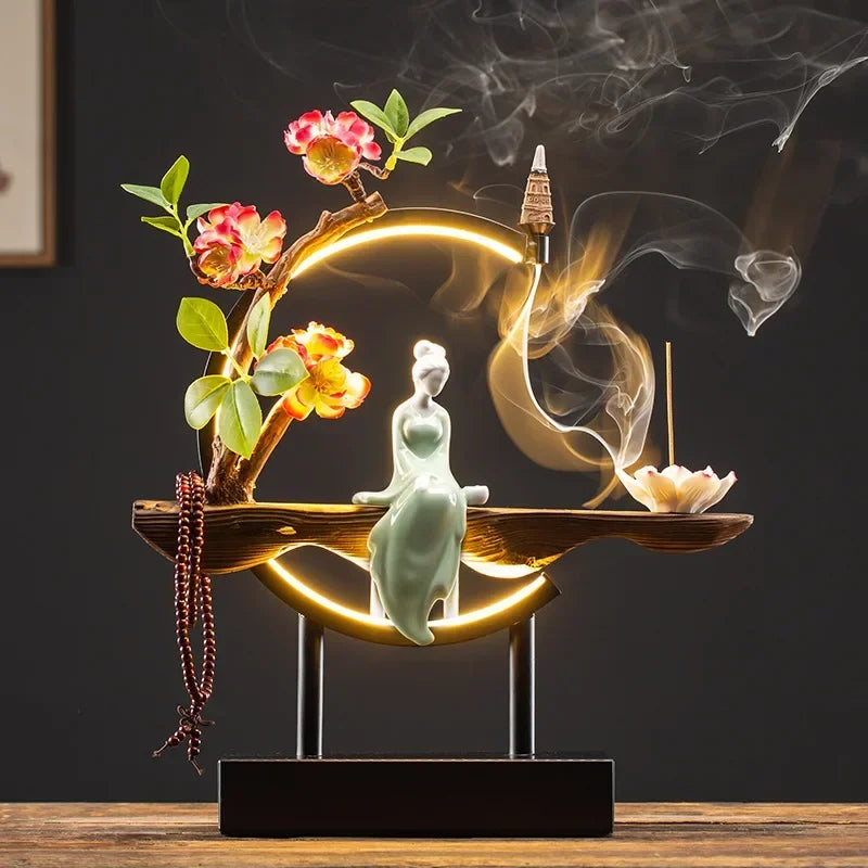 Tinkers Chinese Style Backflow Incense Burner LED USB Ceramic Lotus -