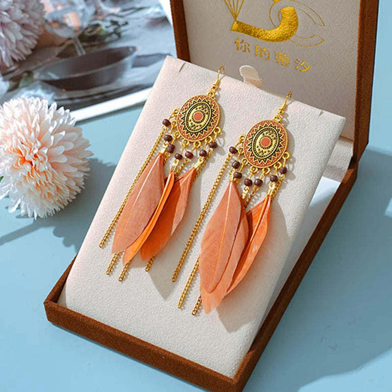 Tinkers Bohemian Brown Feather Earrings For Women Handmade Jewelry -