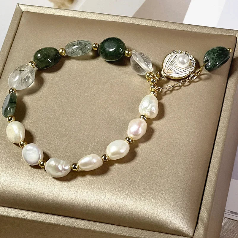 Elegant Handcrafted Pearl and Green Crystal Bracelet by Tinkers for Women Healing Energy