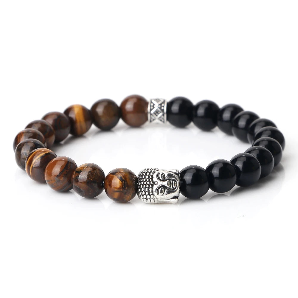 Tibetan Buddha Head Natural Stone Bracelet – 8mm Tiger Eye, Lava & More
