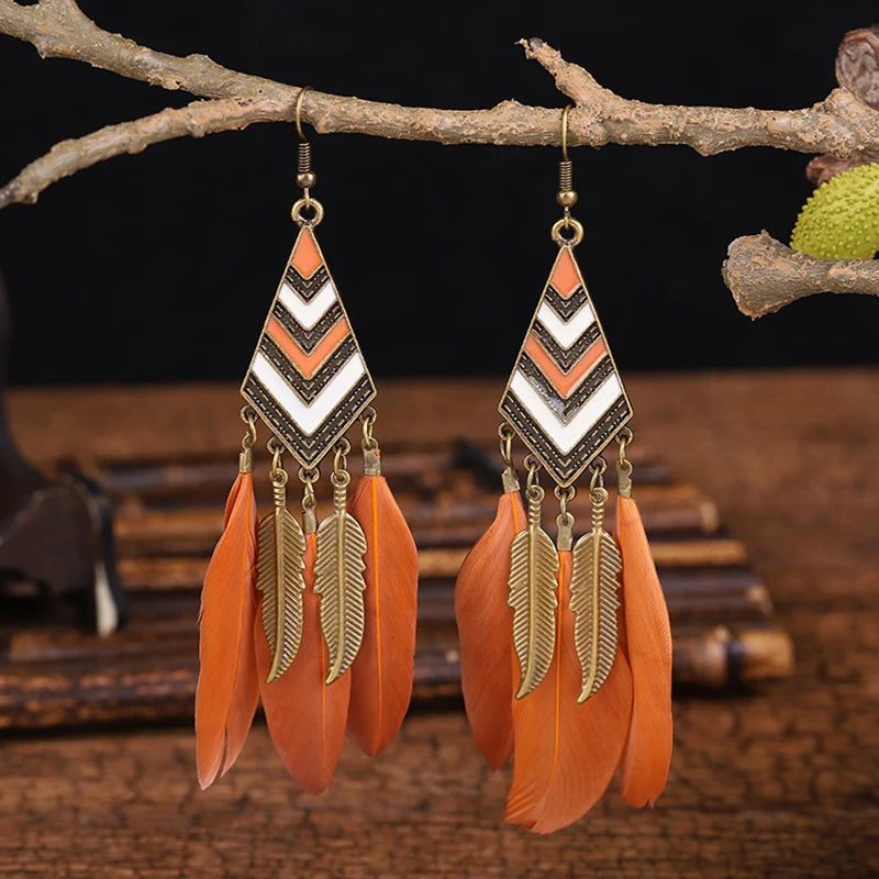 Tinkers Bohemian Brown Feather Earrings For Women Handmade Jewelry -