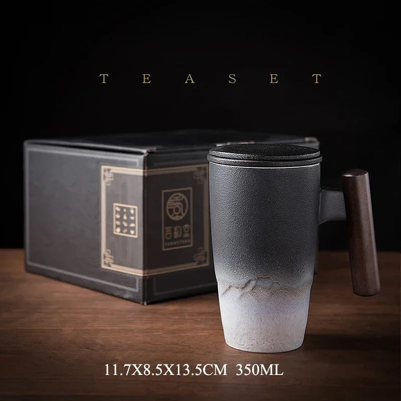Retro Ceramic Tea Mug — Large 300ml with Lid & Wooden Handle