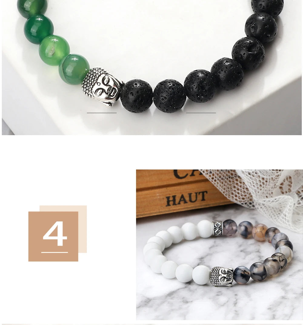 Tibetan Buddha Head Natural Stone Bracelet – 8mm Tiger Eye, Lava & More