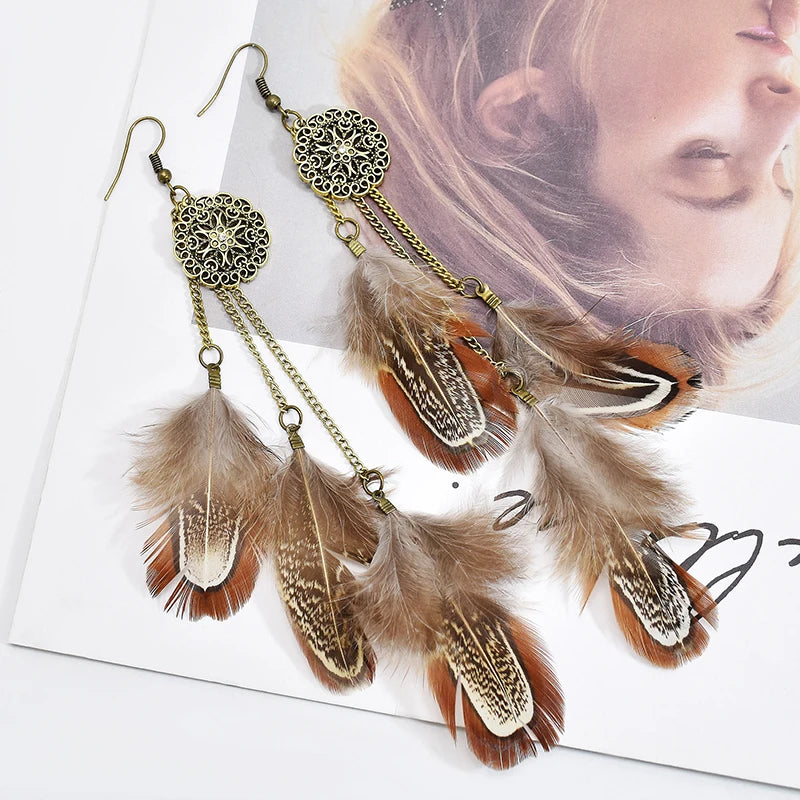 Tinkers Bohemian Feather Earrings For Women Vintage Ethnic Chain -