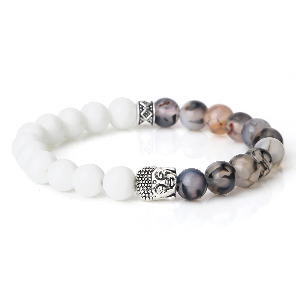 Tibetan Buddha Head Natural Stone Bracelet – 8mm Tiger Eye, Lava & More