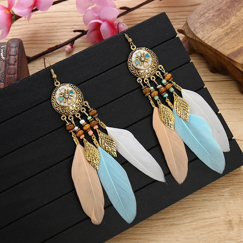Tinkers Bohemian Feather Tassel Earrings For Women Long Carved Leaf - Apparel & Accessories > Jewelry > Earrings
