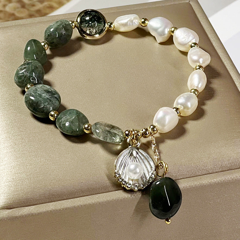 Elegant Handcrafted Pearl and Green Crystal Bracelet by Tinkers for Women Healing Energy
