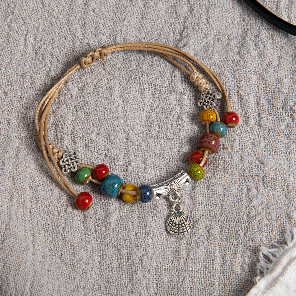Colorful Ceramic Beaded Handmade Bracelet with Shell Charm Adjustable Boho Rope Jewelry S03-110