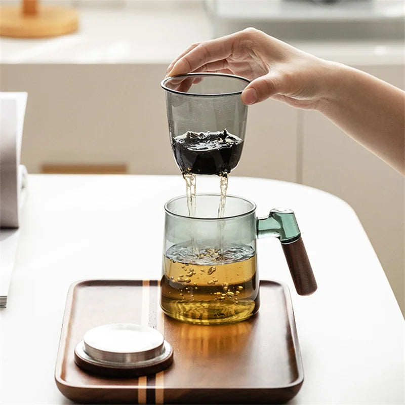 Glass Tea Cup with Walnut Wooden Handle, Lid & Filter — 400ml
