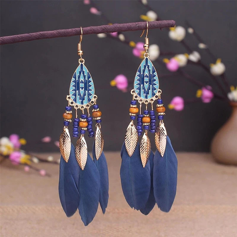 Tinkers Boho Long Feather Dangle Earrings For Women Beach Beads -