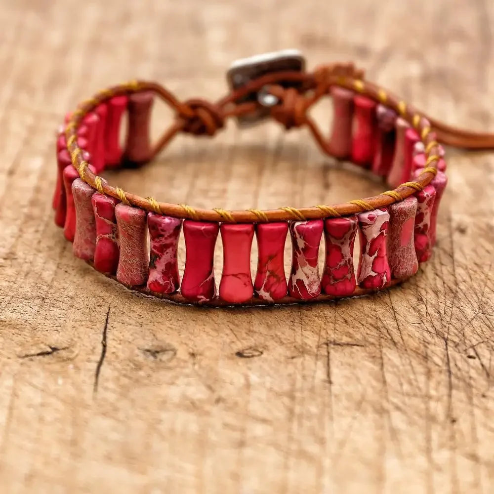 Handmade Boho Leather Wrap Bracelet with Natural Picasso Stone