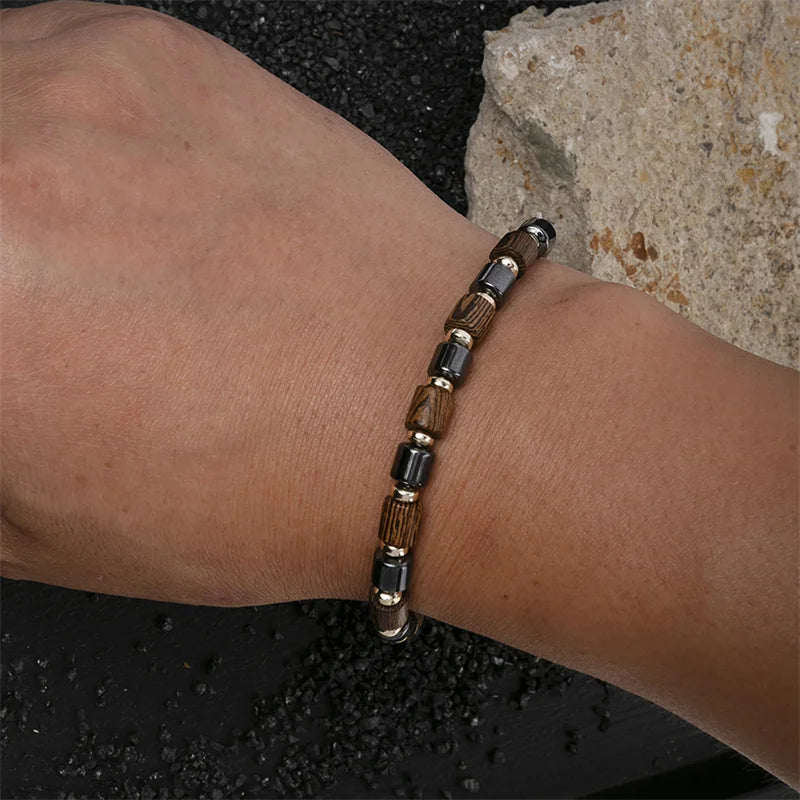 Women's Black Hematite & Wood Bead Bracelet | Handmade Elastic Stretch | Health Jewelry