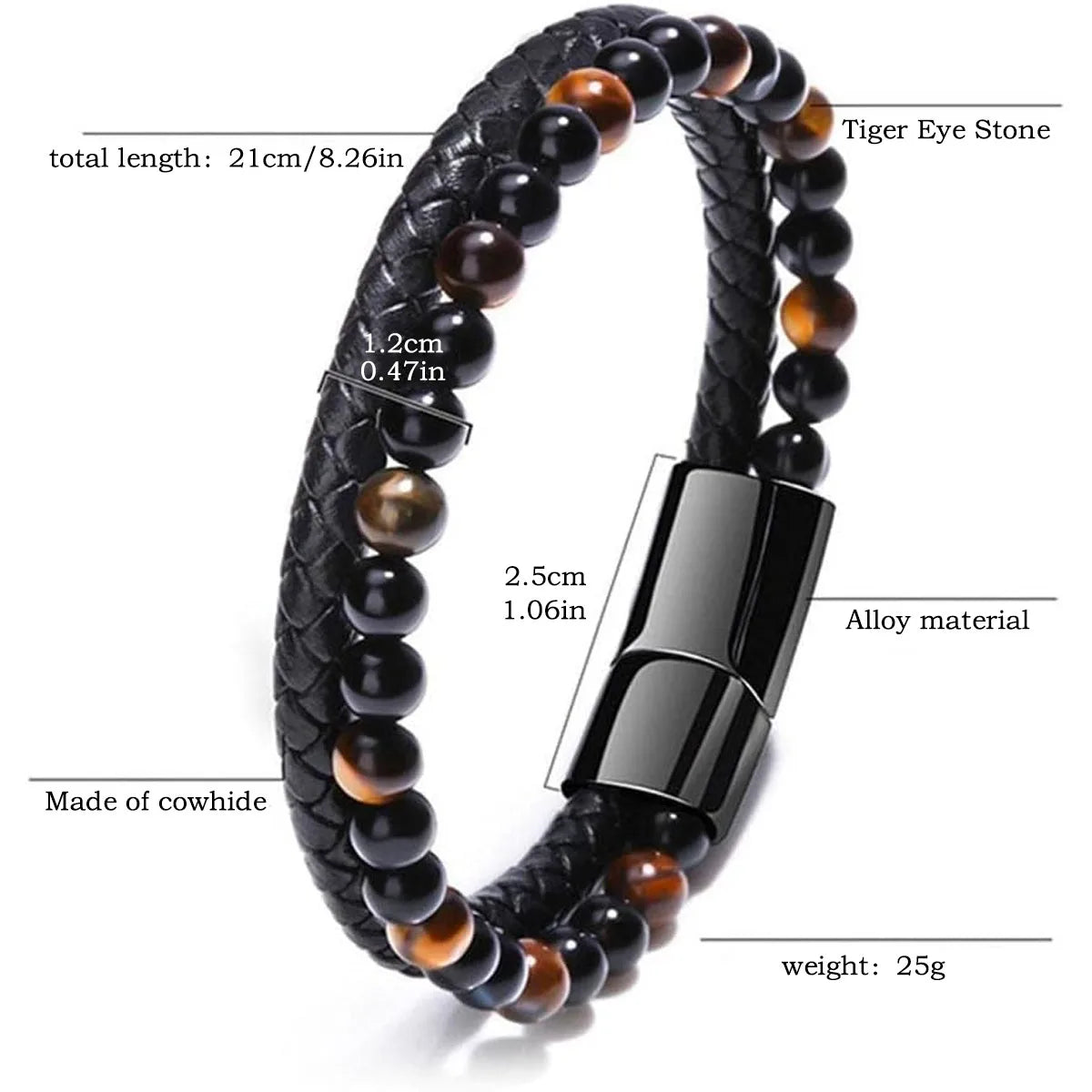 Unisex Leather Natural Lava Stone Tiger Eye Bead Bracelet