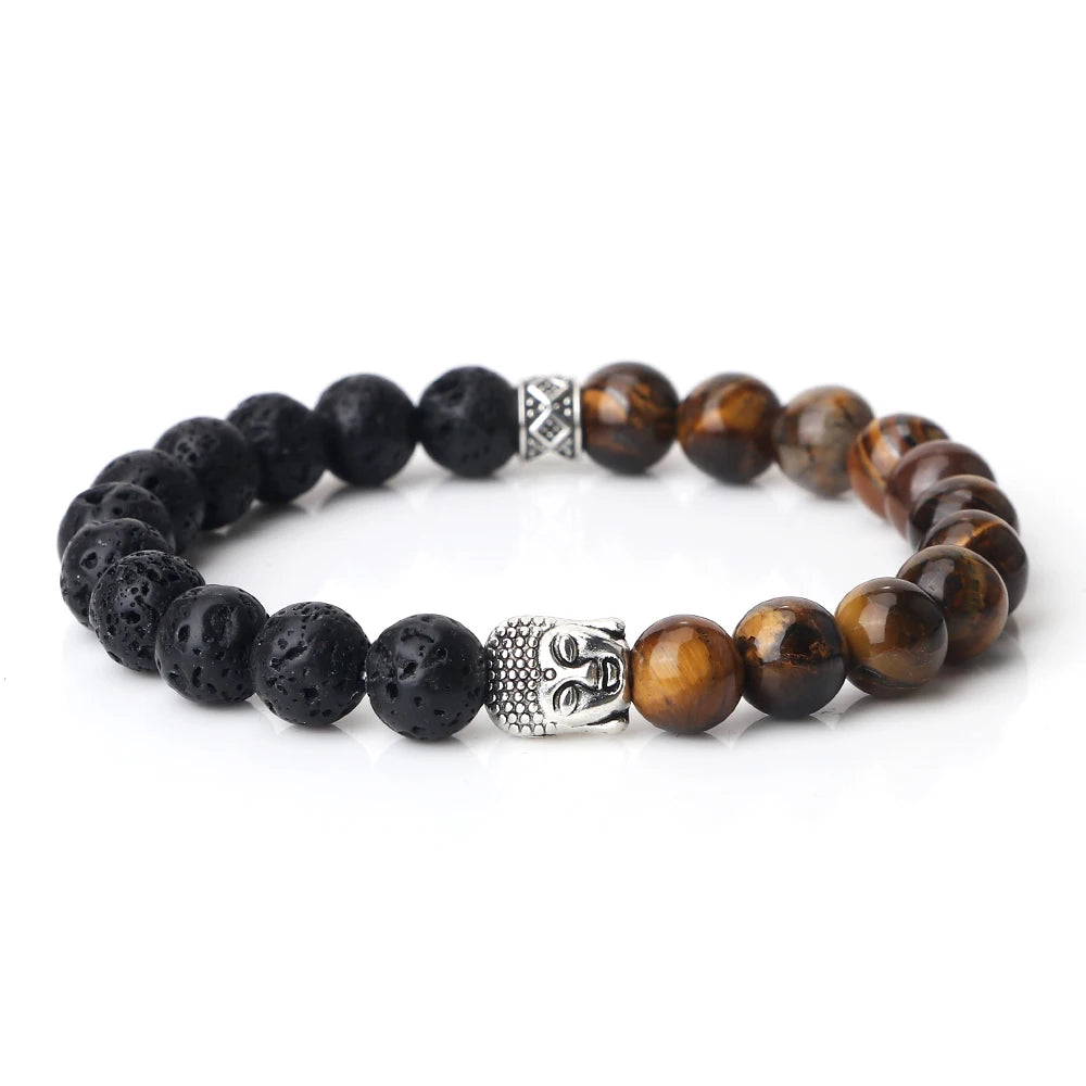 Tibetan Buddha Head Natural Stone Bracelet – 8mm Tiger Eye, Lava & More