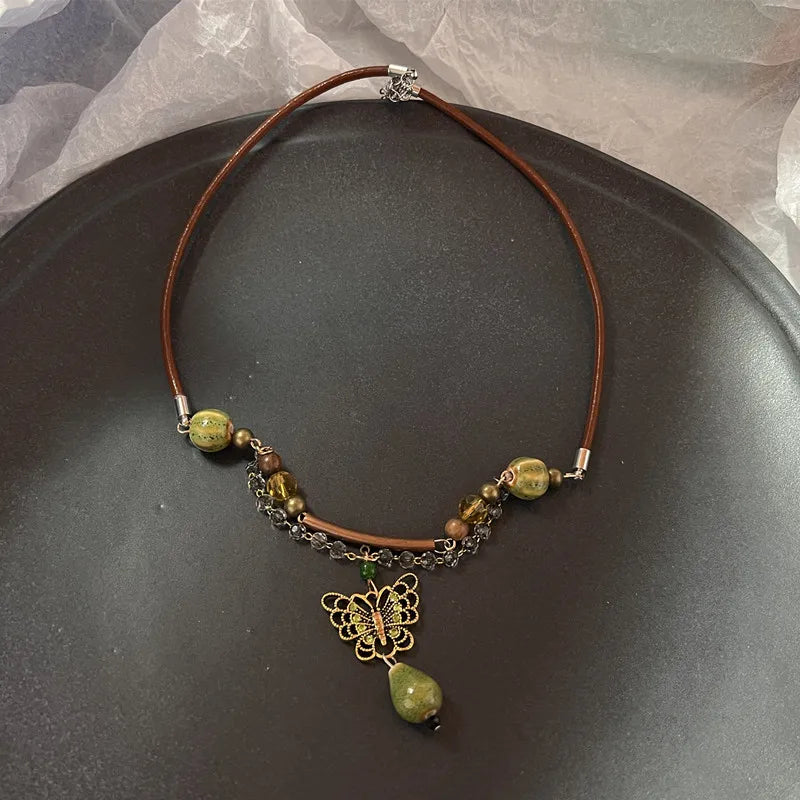 Tinkers Vintage Brown Natural Stone Pendant Necklace Leather Rope - Apparel & Accessories > Jewelry > Necklaces