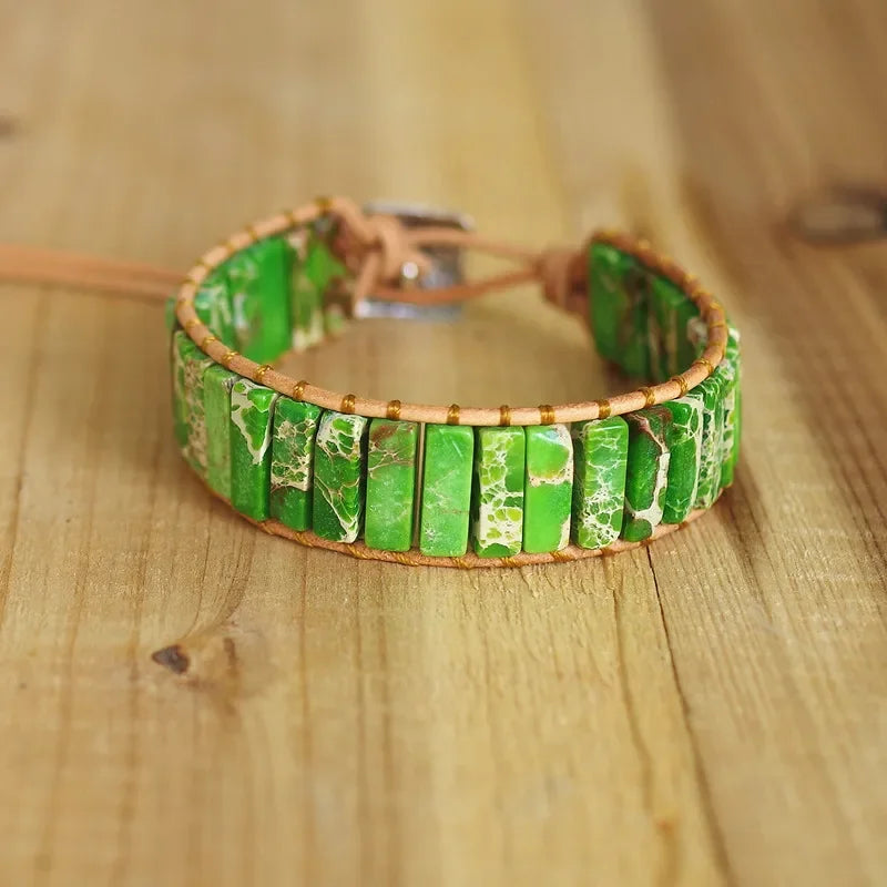 Handmade Boho Leather Wrap Bracelet with Natural Picasso Stone