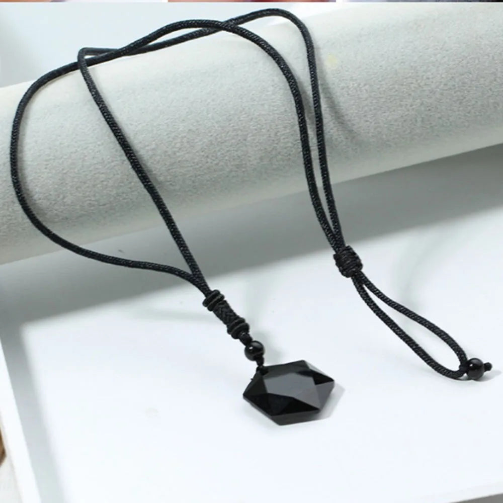 Natural Obsidian Hexagram Pendant Necklace Protection
