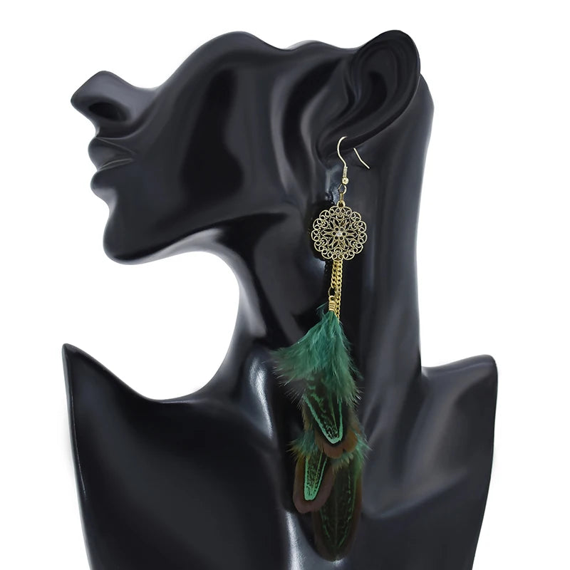 Tinkers Bohemian Feather Earrings For Women Vintage Ethnic Chain -