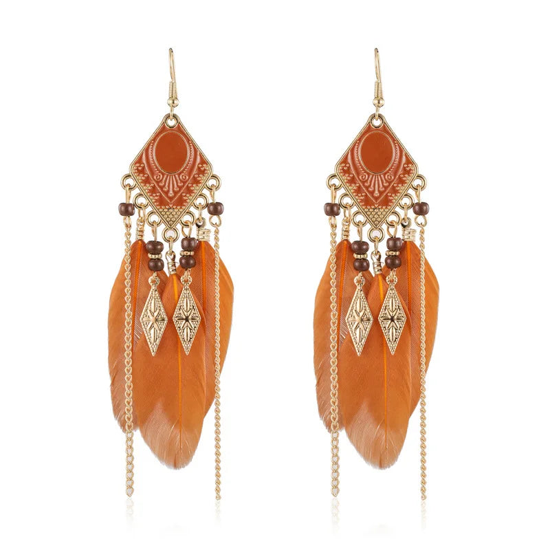 Tinkers Bohemian Brown Feather Earrings For Women Handmade Jewelry -