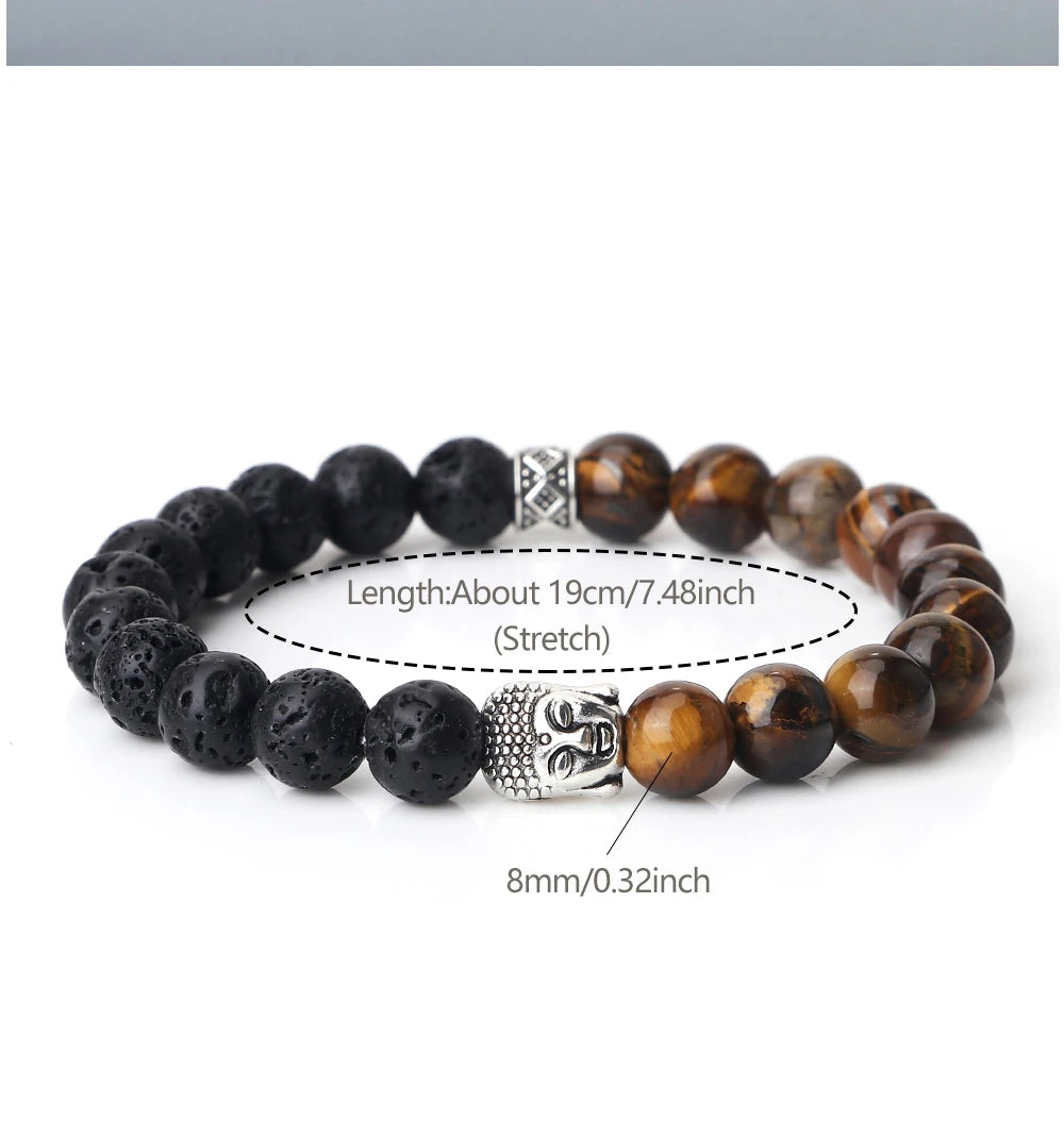 Tibetan Buddha Head Natural Stone Bracelet – 8mm Tiger Eye, Lava & More