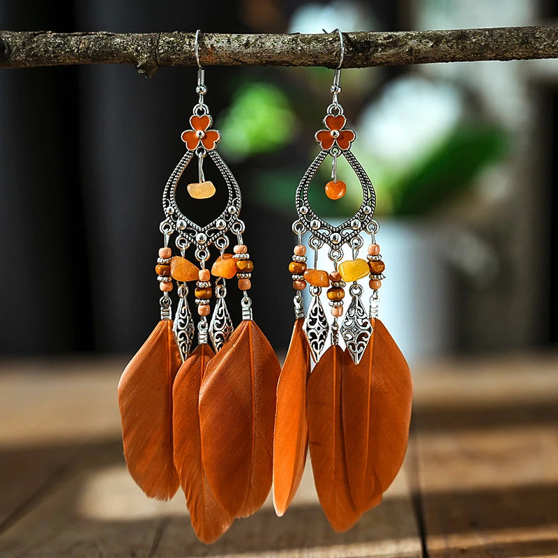Tinkers Bohemian Brown Feather Earrings For Women Handmade Jewelry -