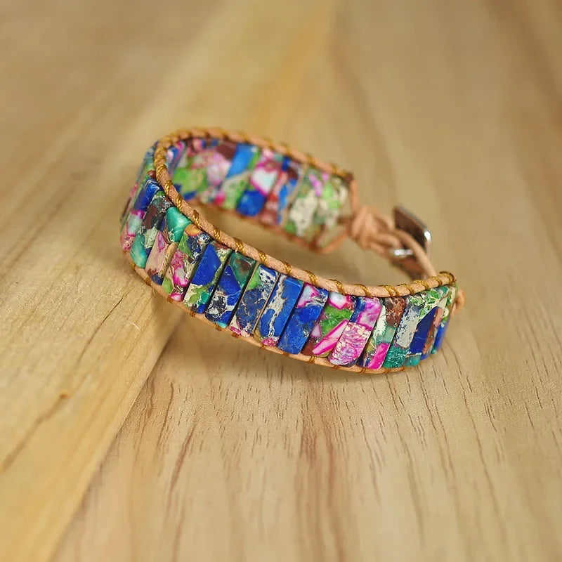 Handmade Boho Leather Wrap Bracelet with Natural Picasso Stone