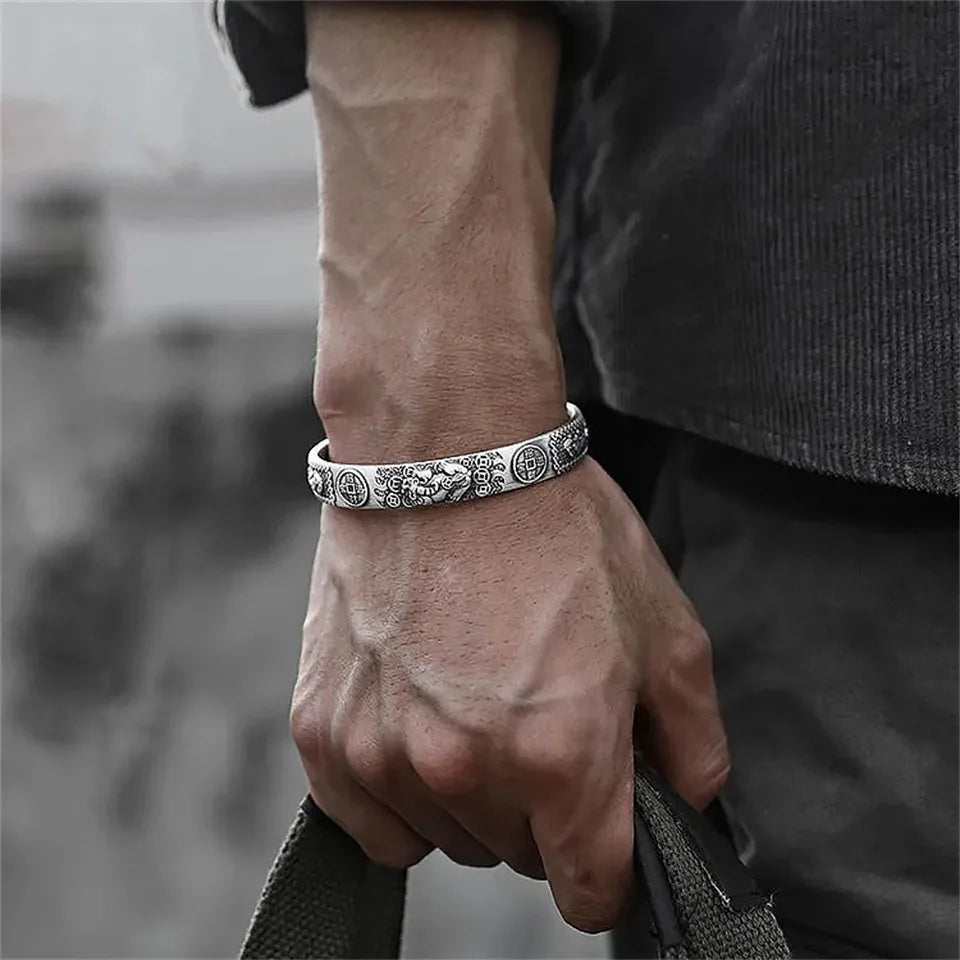 Pixiu Heart Sutra Bracelet — Copper Coin Wealth Charm | Thai Silver