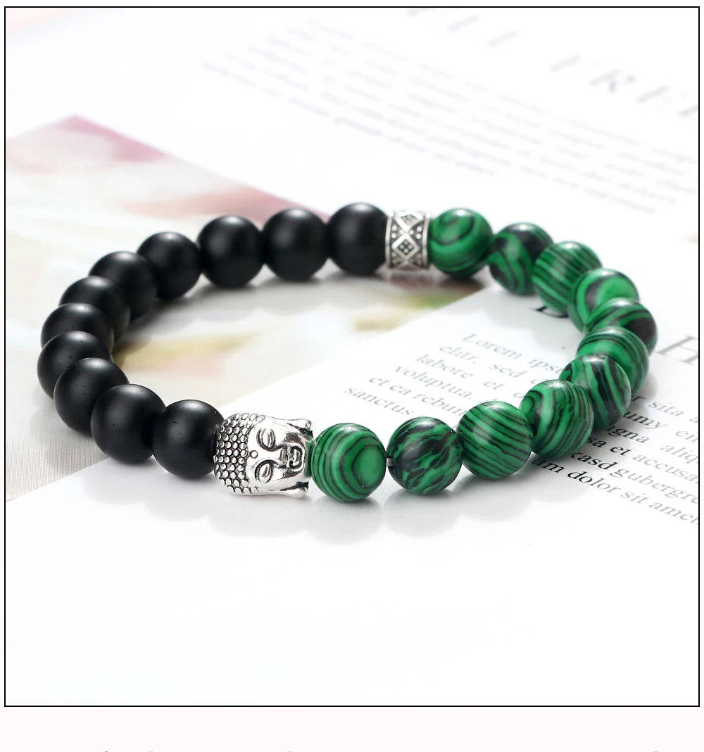 Tibetan Buddha Head Natural Stone Bracelet – 8mm Tiger Eye, Lava & More