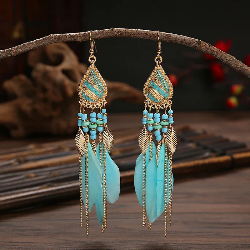 Tinkers Boho Long Feather Dangle Earrings For Women Beach Beads -