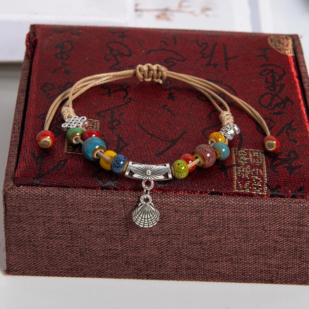 Colorful Ceramic Beaded Handmade Bracelet with Shell Charm Adjustable Boho Rope Jewelry S03-110