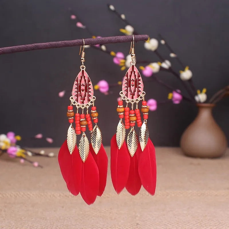 Tinkers Boho Long Feather Dangle Earrings For Women Beach Beads -