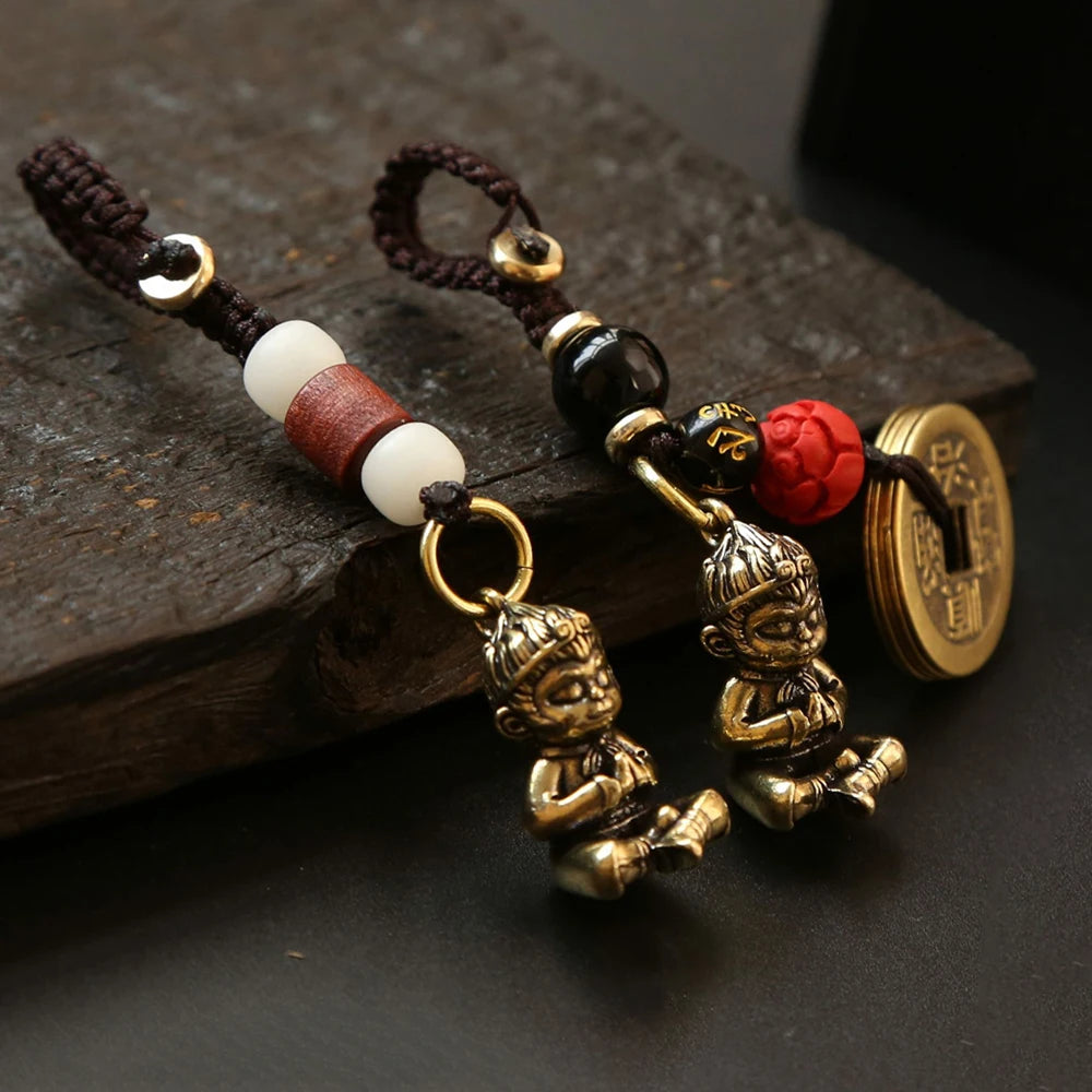 Tinkers Vintage Brass Monkey Keychain Handmade Braided Rope Amulet -