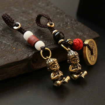 Tinkers Vintage Brass Monkey Keychain Handmade Braided Rope Amulet -